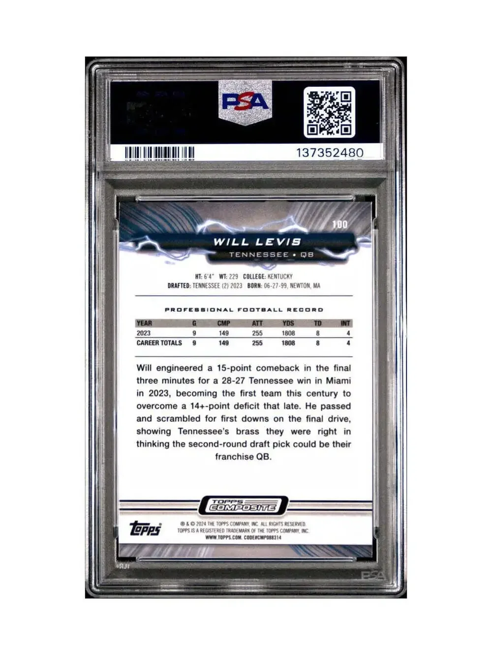 Will Levis 2023 Topps Resurgence Rookie #100 Surge 153/249 PSA 9 Mint